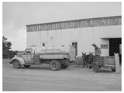 Homesteader with Burro Cart at Filling Station 1940
