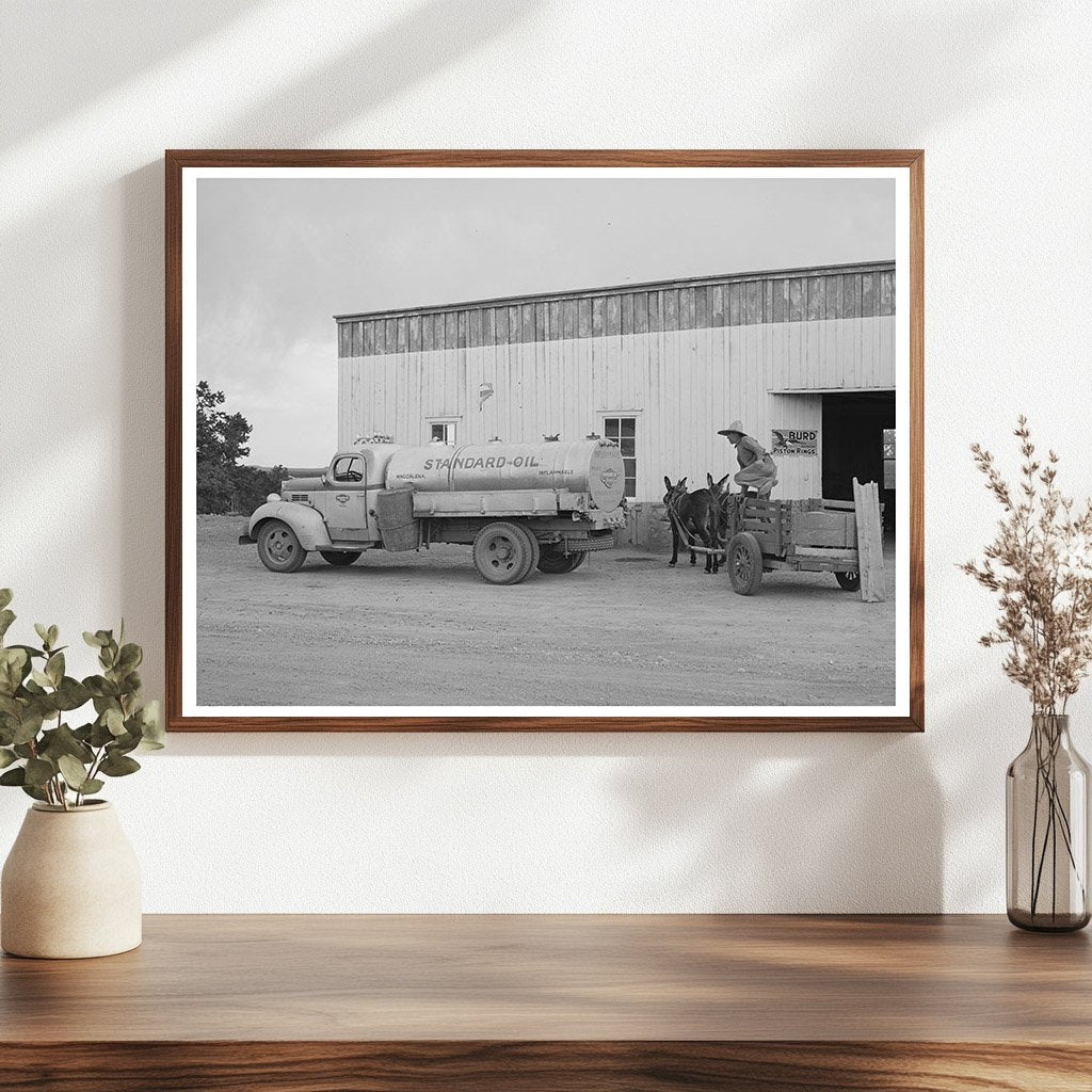 Homesteader with Burro Cart at Filling Station 1940