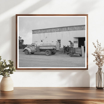 Homesteader with Burro Cart at Filling Station 1940