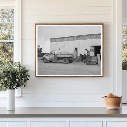 Homesteader with Burro Cart at Filling Station 1940