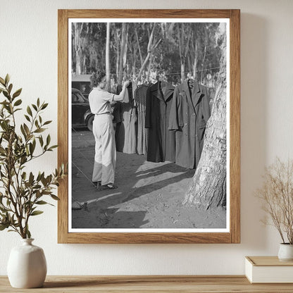 Woman Drying Coat Outside Tent Mission Valley California 1940