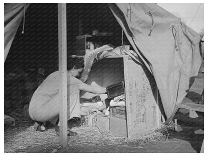 Carpenters Wife Organizing Tent Closet December 1940 California