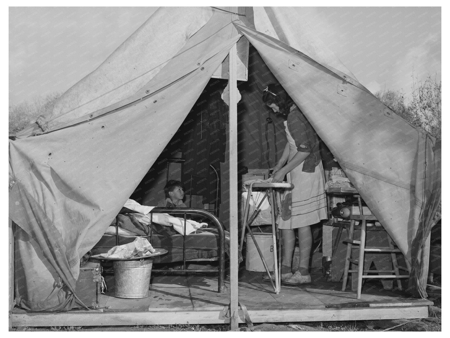 1940 Tent Home Life Ironing in Mission Valley California