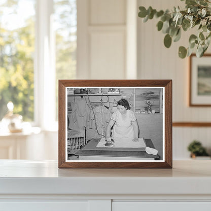 1941 Woman Ironing in Farm Labor Camp Caldwell Idaho