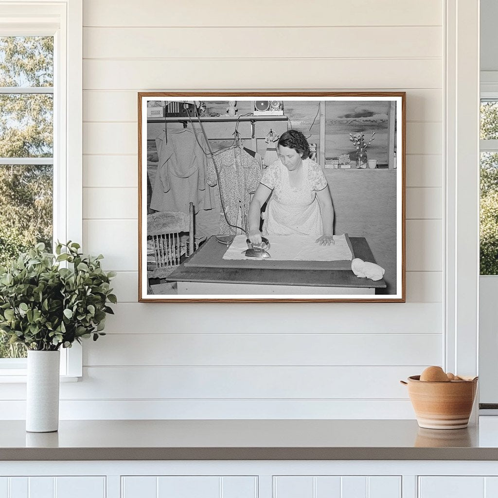 1941 Woman Ironing in Farm Labor Camp Caldwell Idaho