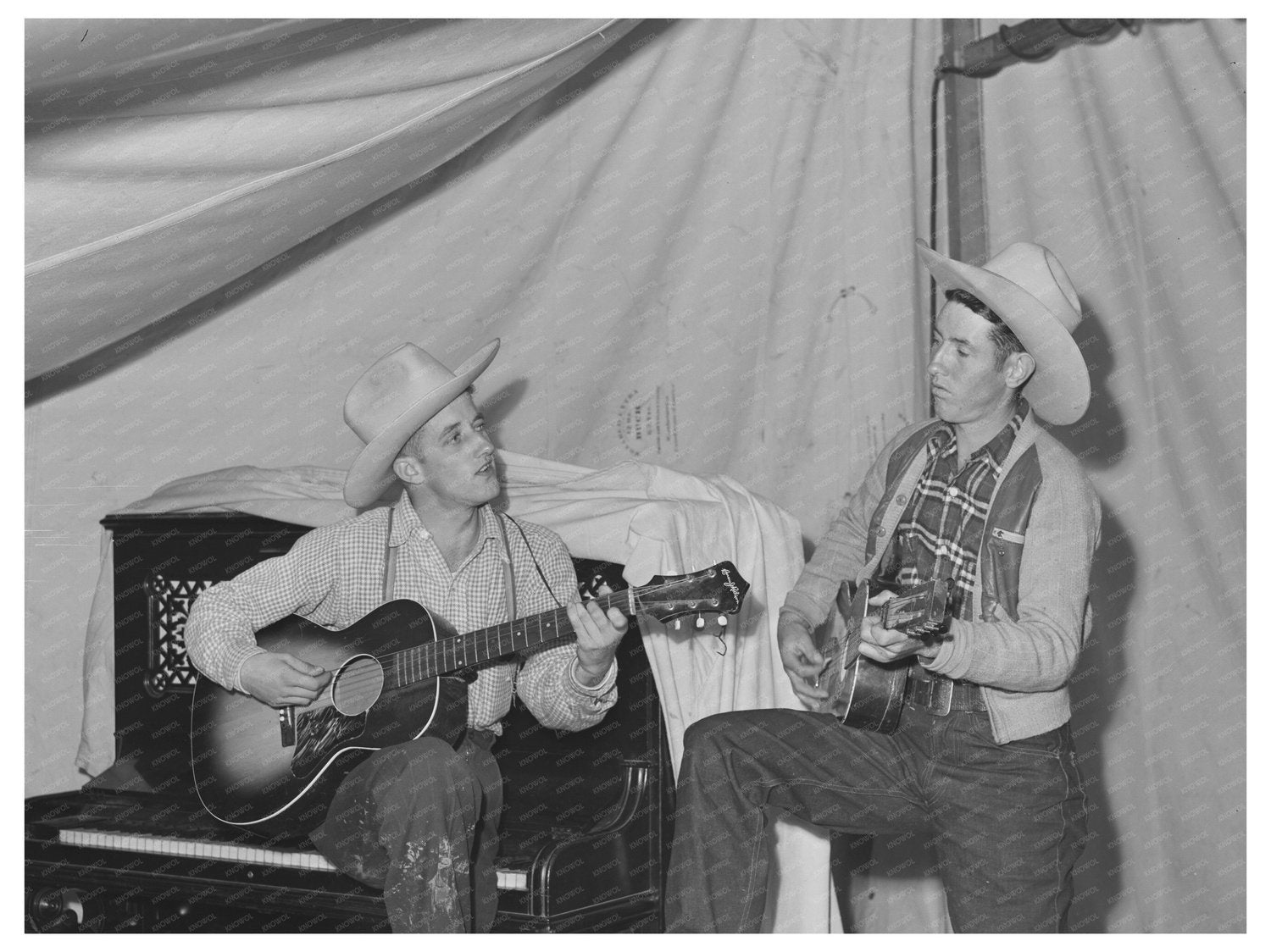 1941 Farm Workers Singing at Mobile Camp in Oregon