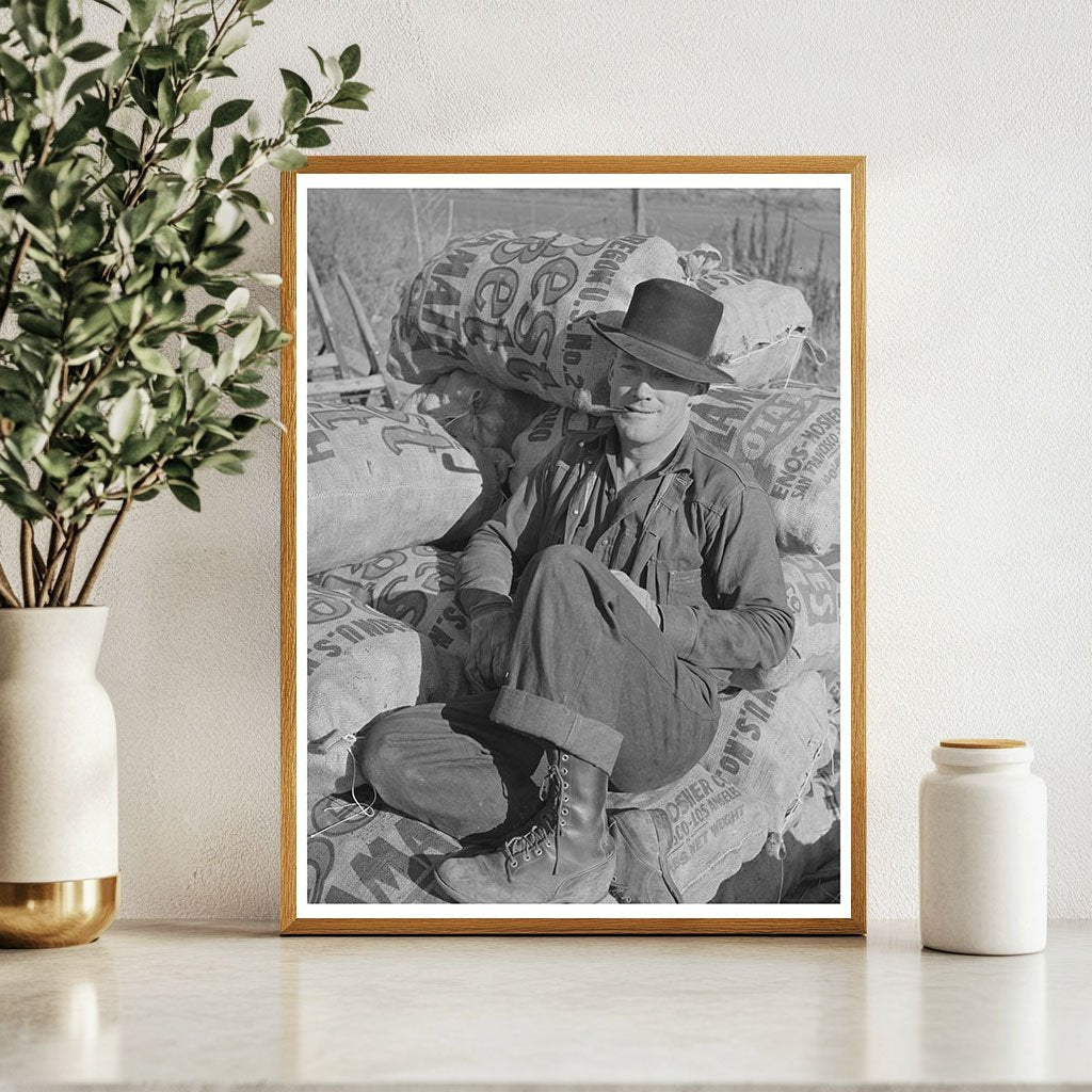 Laborer Resting on Potato Sack Pile Klamath County 1941