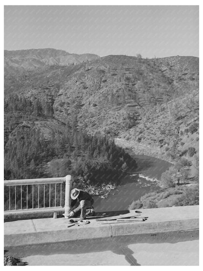 Workman Installing Railing on Pit River Bridge 1941