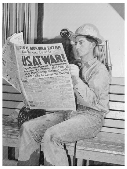 Workman at Shasta Dam Reads War Extra Newspaper 1941