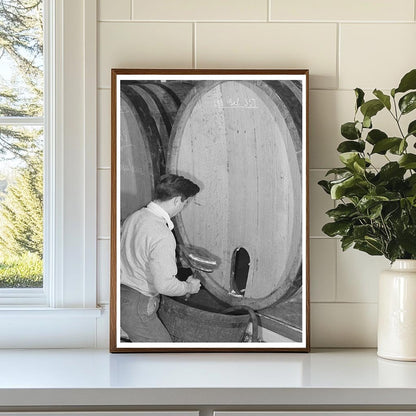 Sonoma County Winery Worker Cleaning Wine Cask 1942