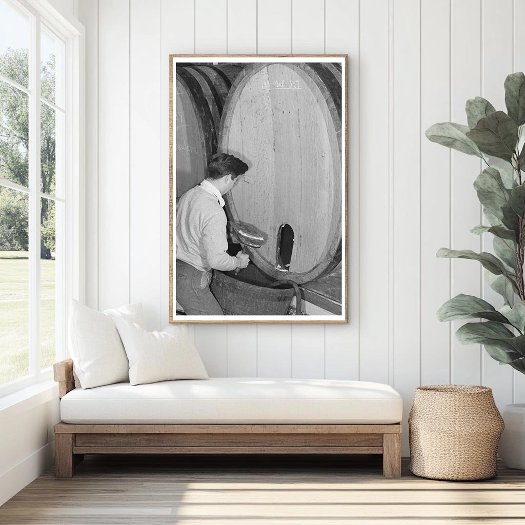 Sonoma County Winery Worker Cleaning Wine Cask 1942