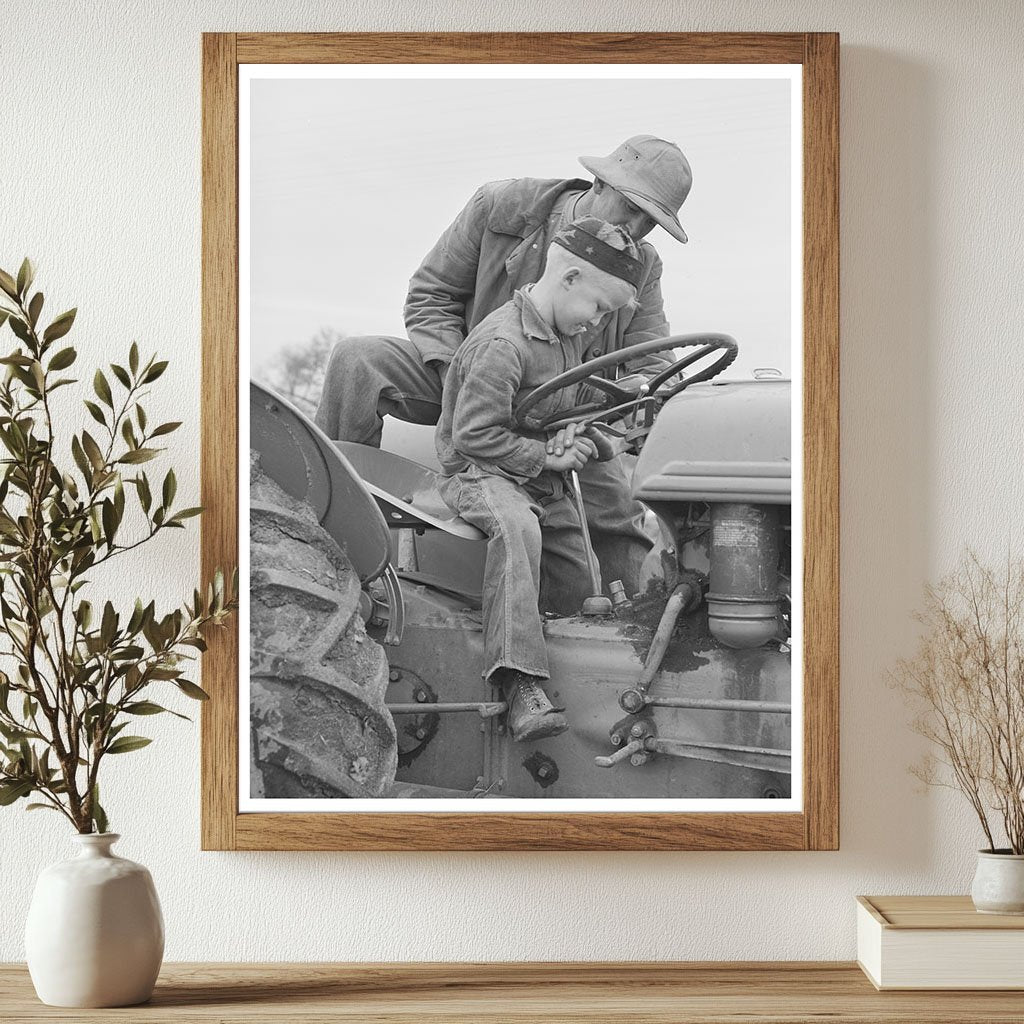 Farmer Teaching Son to Drive Tractor Tulare County 1942