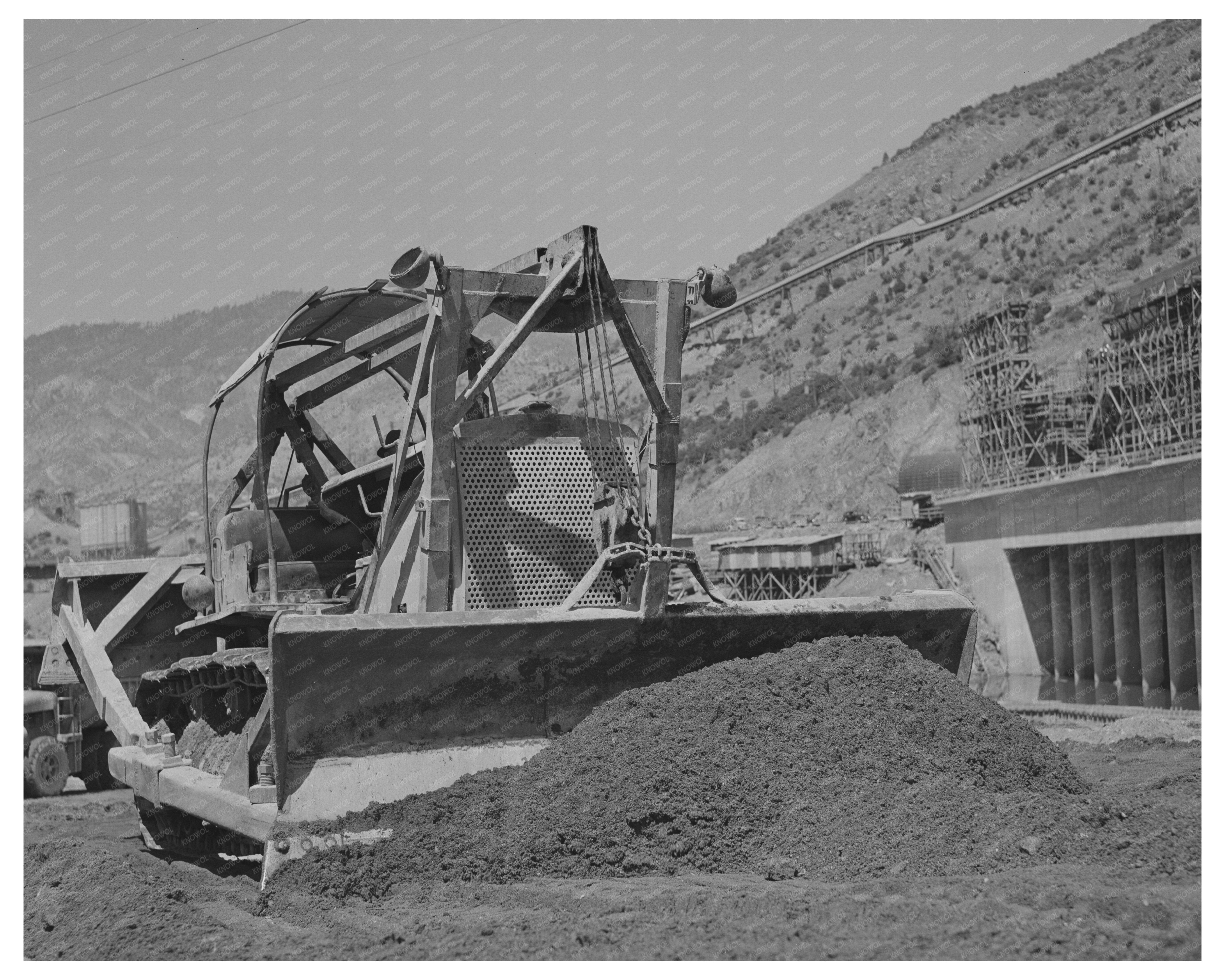 Bulldozer at Shasta Dam June 1942 Black and White Photo