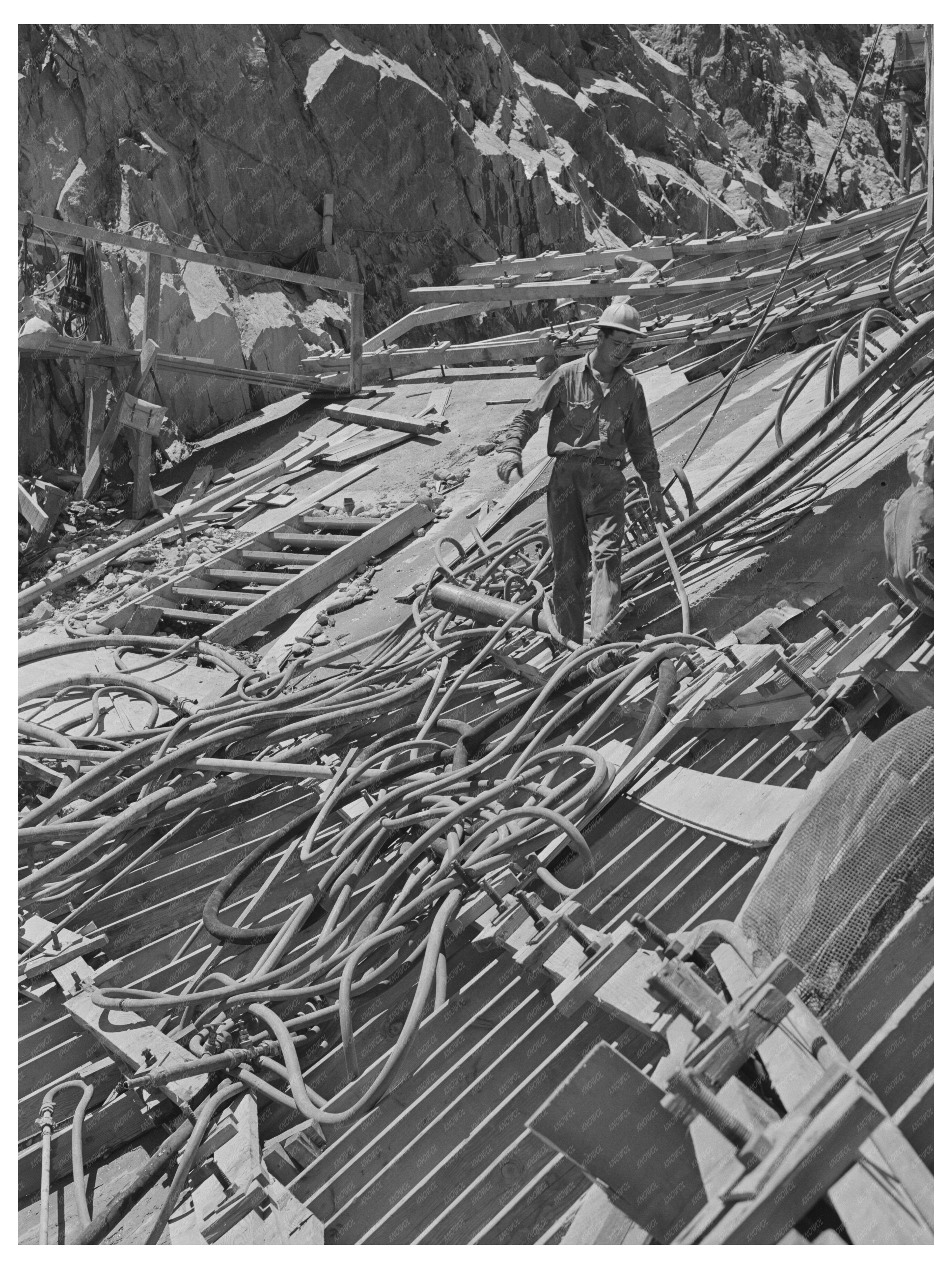 Shasta Dam Workman and Pipe June 1942 Vintage Photo