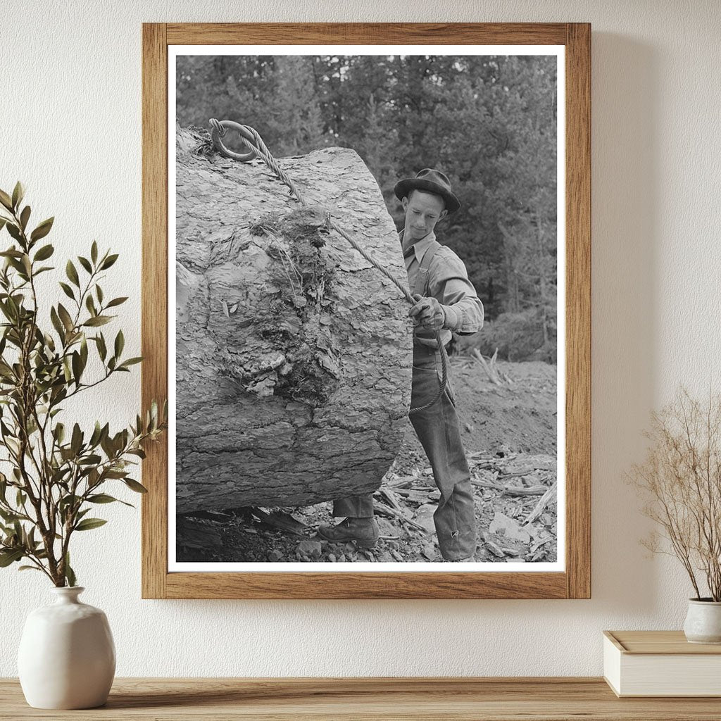 Lumberjack Hitching Cable to Log Grant County Oregon 1942