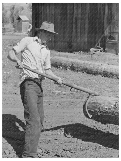 Ola Idaho cooperative member using peavy on log 1942