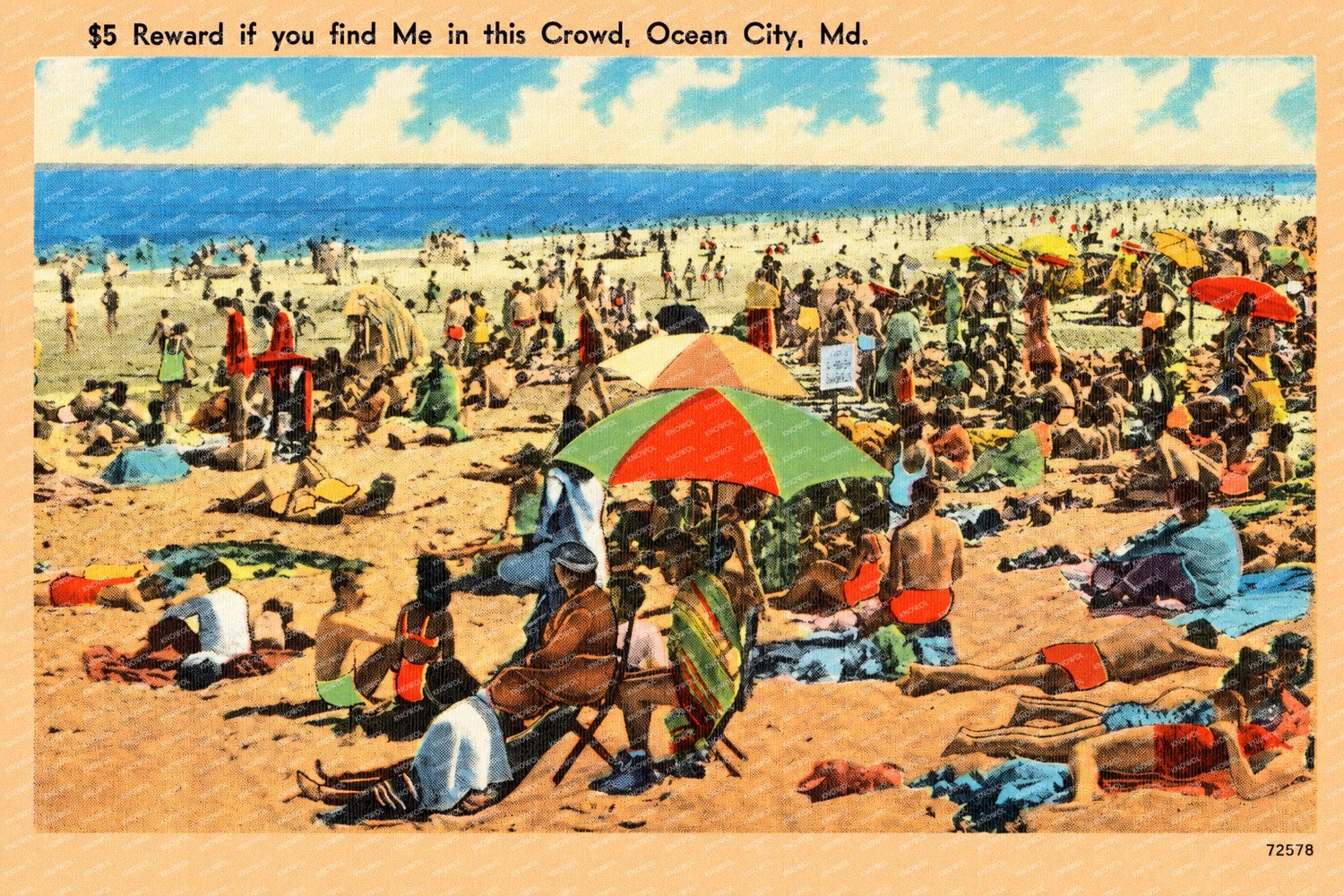 $5 Reward if you find me in this crowd, Ocean City, MD — Vintage Maryland Postcard