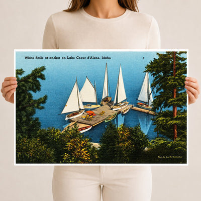 Coeur d'Alene Lake, ID: White sails at anchor on Lake Coeur d'Alene