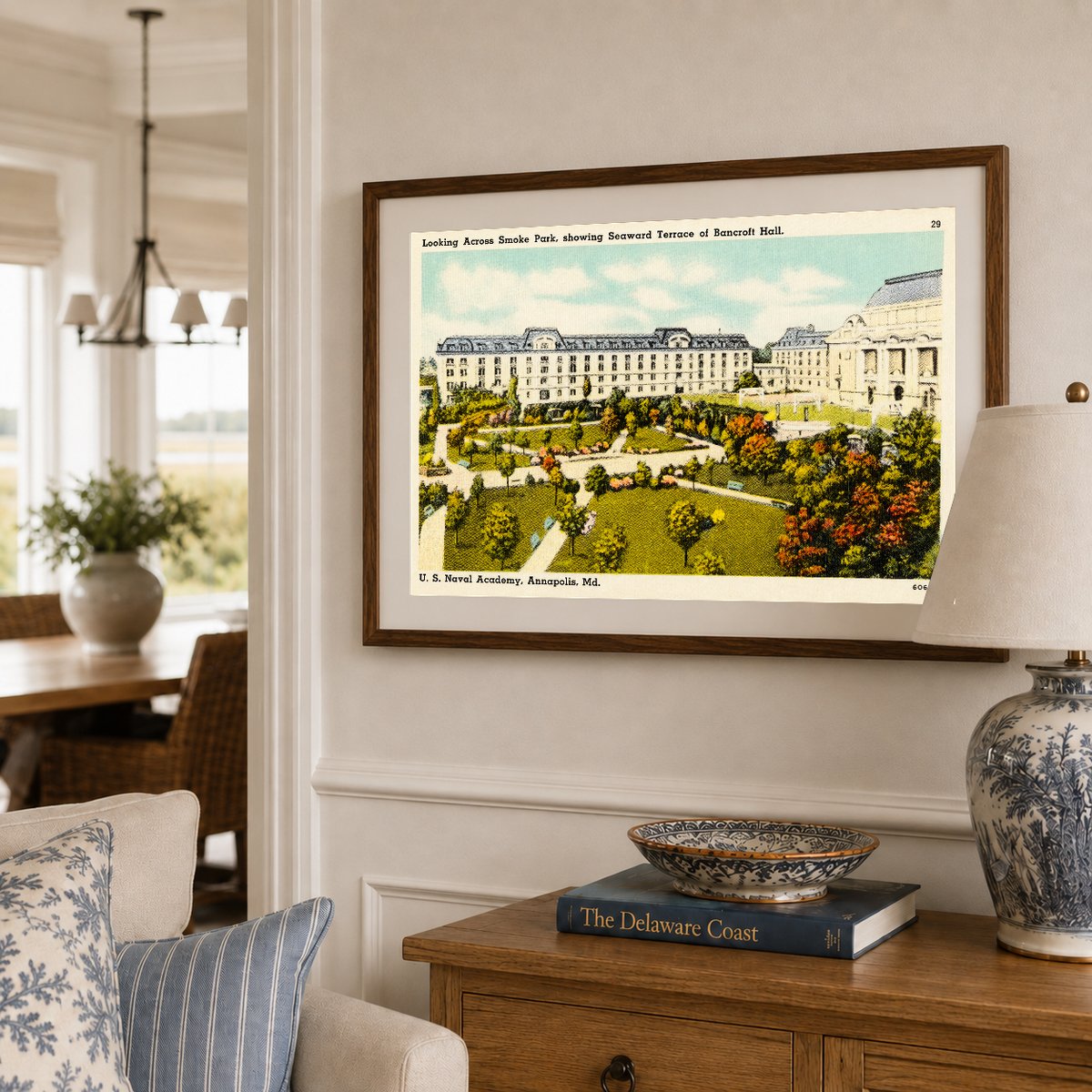 Looking across Smoke Park, showing seaward terrace of Bancroft Hall, U. S. Naval Academy, Annapolis, MD — Vintage Maryland Postcard