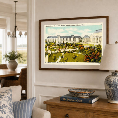 Looking across Smoke Park, showing seaward terrace of Bancroft Hall, U. S. Naval Academy, Annapolis, MD — Vintage Maryland Postcard