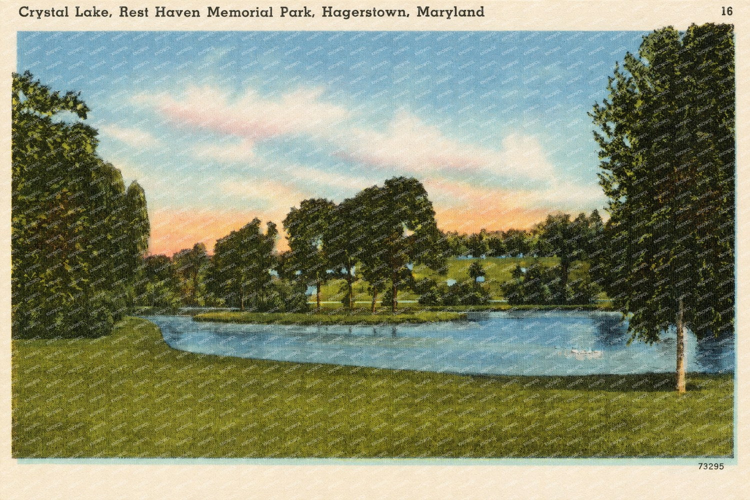 Crystal Lake, Rest Haven Memorial Park, Hagerstown, Maryland — Vintage Maryland Postcard