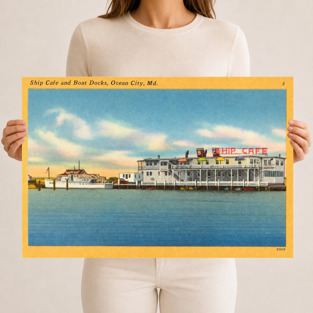 Ship Cafe and boat docks, Ocean City, MD — Vintage Maryland Postcard