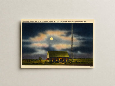 Moonlight scene on U.S. 11, radio tower W J E J. Two miles north of Hagerstown, MD — Vintage Maryland Postcard
