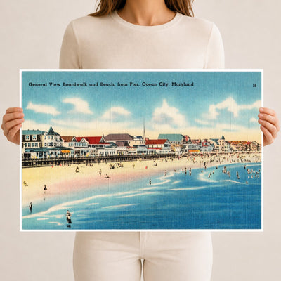 General view boardwalk and beach, from pier, Ocean City, Maryland — Vintage Maryland Postcard