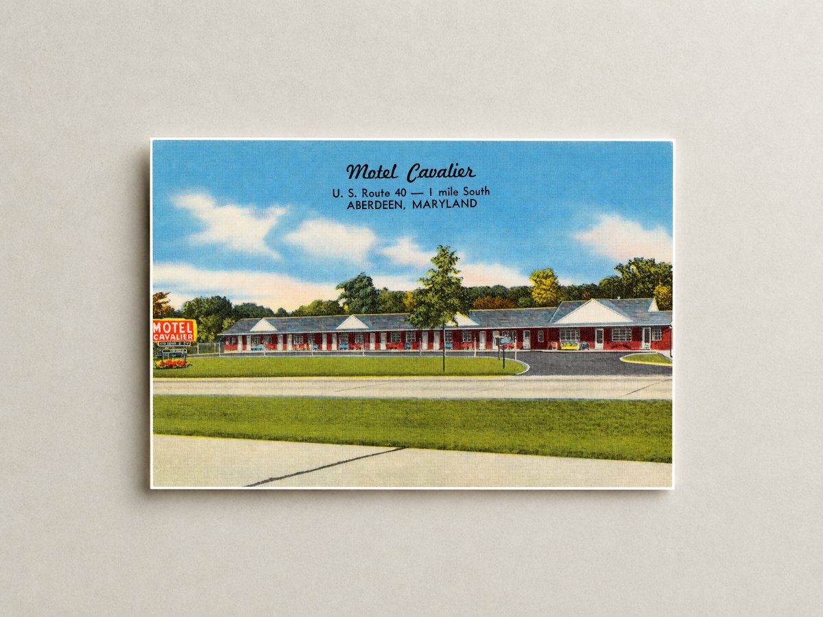 Motel Cavalier, U. S. Route 40 -- 1 mile south, Aberdeen, Maryland — Vintage Maryland Postcard