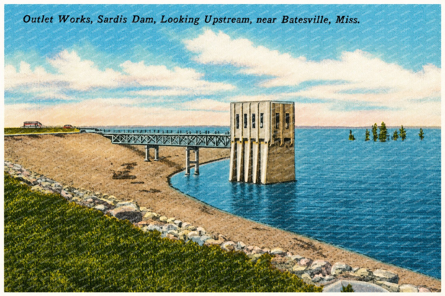 Sardis Lake, MS: Outlet works, Sardis Dam, looking upstream, near Batesville