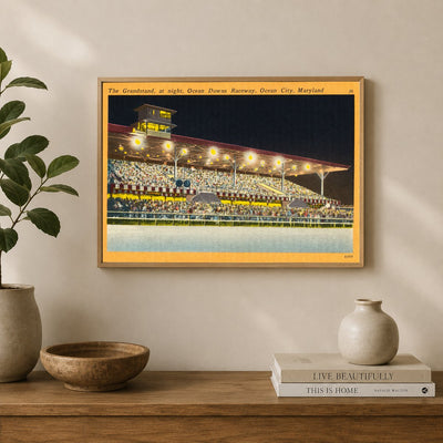 The grandstand, at night, Ocean Downs Raceway, Ocean City, Maryland — Vintage Maryland Postcard