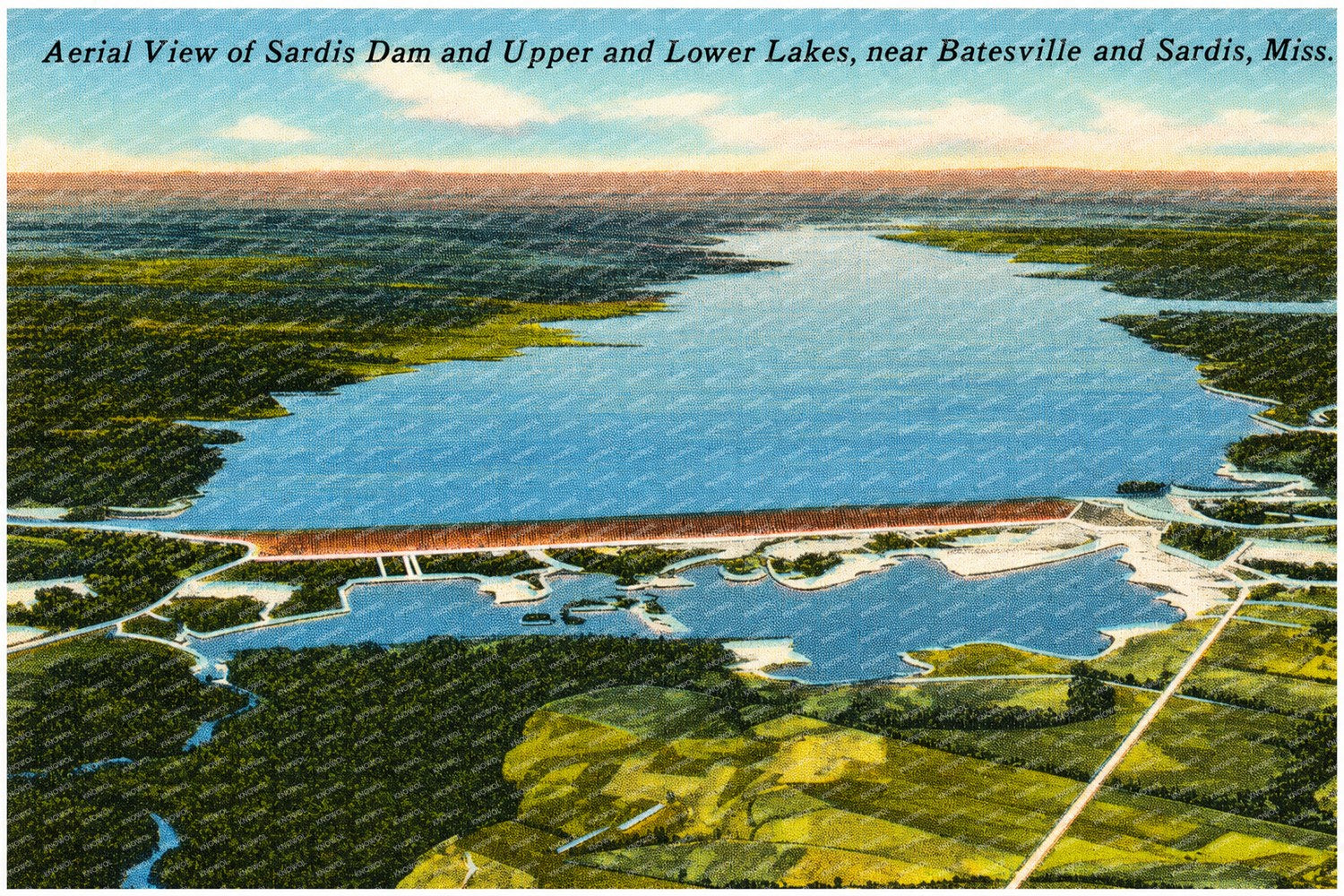 Sardis Lake, MS: Aerial view of Sardis Dam and upper and lower lakes, near Batesville and Sardis