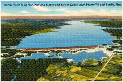 Sardis Lake, MS: Aerial view of Sardis Dam and upper and lower lakes, near Batesville and Sardis