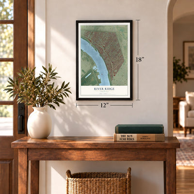River Ridge, Louisiana map, 12 x 18 inch print in a black frame in an entryway