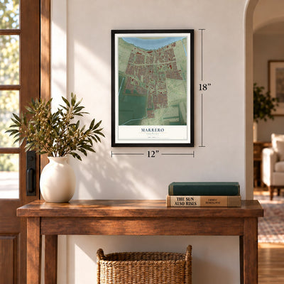 Marrero, Louisiana map, 12 x 18 inch print in a black frame in an entryway