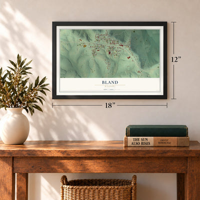Bland, Missouri map, 12 x 18 inch print in a black frame in an entryway