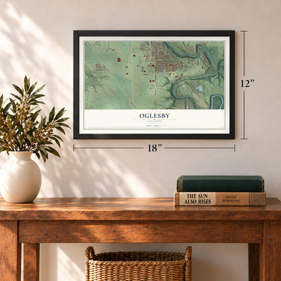 Oglesby, Illinois map, 12 x 18 inch print in a black frame in an entryway