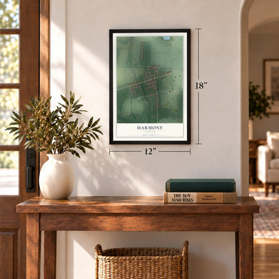 Harmony, Indiana map, 12 x 18 inch print in a black frame in an entryway