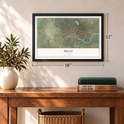 Mills, Wyoming map, 12 x 18 inch print in a black frame in an entryway