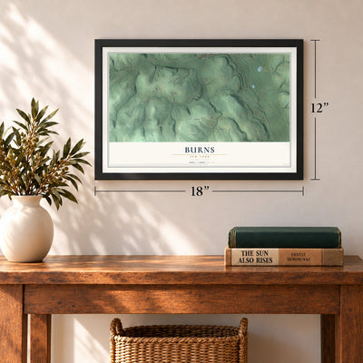 Burns, New York map, 12 x 18 inch print in a black frame in an entryway