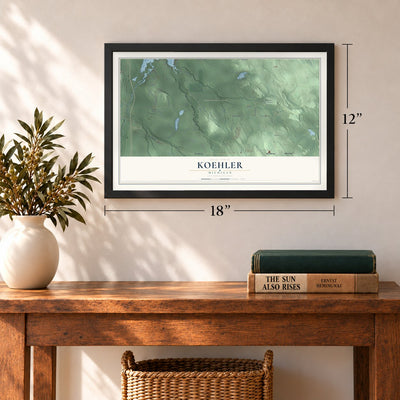 Koehler, Michigan map, 12 x 18 inch print in a black frame in an entryway