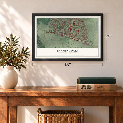 Farmingdale, New York map, 12 x 18 inch print in a black frame in an entryway