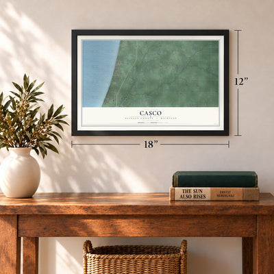 Casco, Allegan County, Michigan map, 12 x 18 inch print in a black frame in an entryway