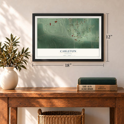 Carleton, Nebraska map, 12 x 18 inch print in a black frame in an entryway