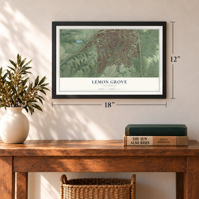 Lemon Grove, California map, 12 x 18 inch print in a black frame in an entryway