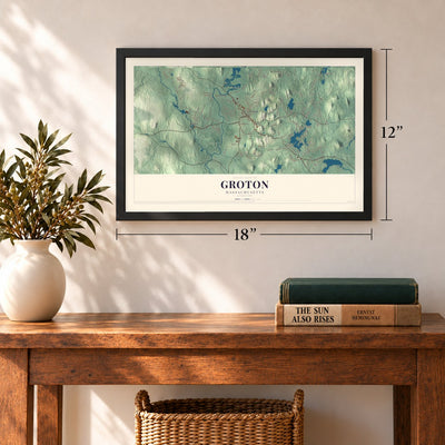 Groton, Massachusetts map, 12 x 18 inch print in a black frame in an entryway
