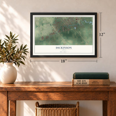Dickinson, Texas map, 12 x 18 inch print in a black frame in an entryway