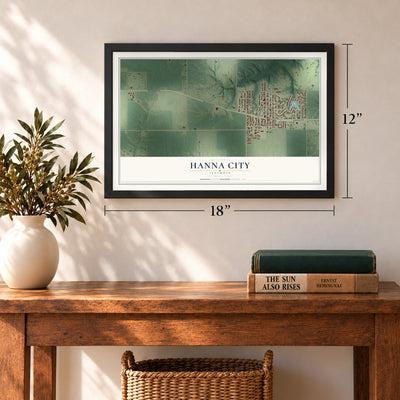 Hanna City, Illinois map, 12 x 18 inch print in a black frame in an entryway