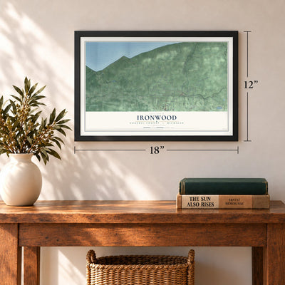 Ironwood, Gogebic County, Michigan map, 12 x 18 inch print in a black frame in an entryway