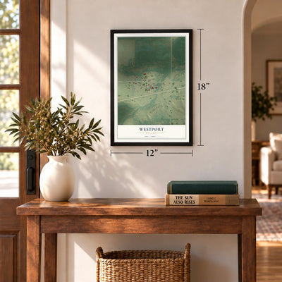 Westport, Minnesota map, 12 x 18 inch print in a black frame in an entryway